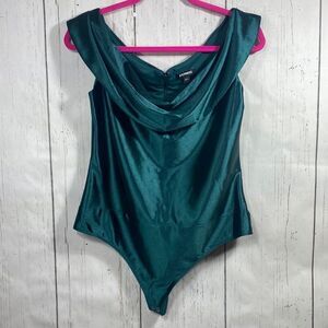 Express Emerald Green Satin Bodysuit Cowl Neck Sleeveless Size M Holiday Glam